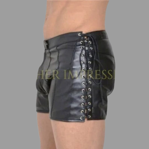 leather shorts, leather shorts bondage, leather shorts bdsm, leather gay shorts, gay leather shorts, leather gay booty shorts