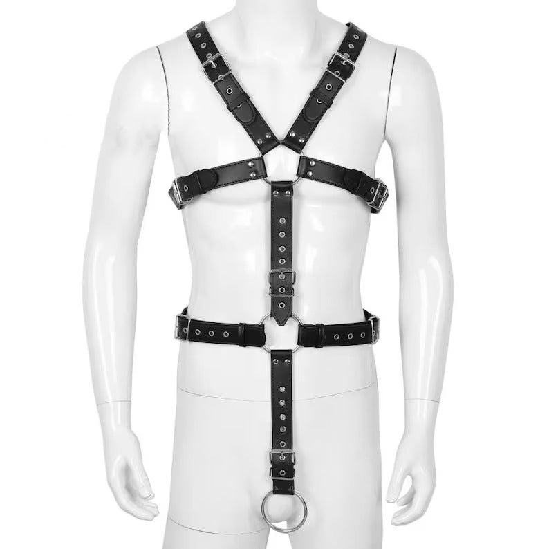 men leather chest harness with cockring, leather harness, leather chest harness