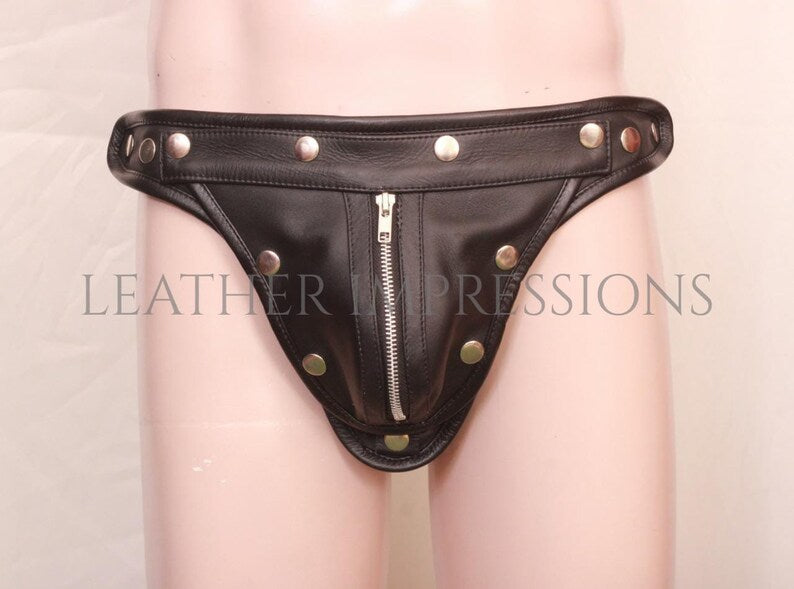 leather jockstrap, leather thong, leather underwear, BDSM Jockstrap, leather bondage jockstrap, zipped leather jockstrap, leather jockstrap with zipper